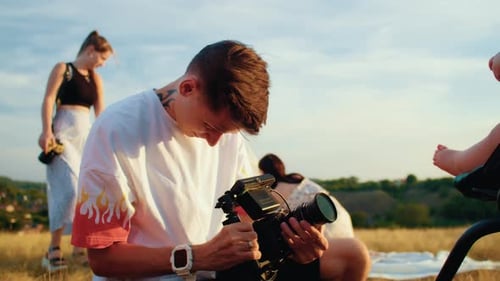 Photographer Shoots Happy Birthday of Baby and Family Lifestyle and Autumn Sunset with Tent in Field