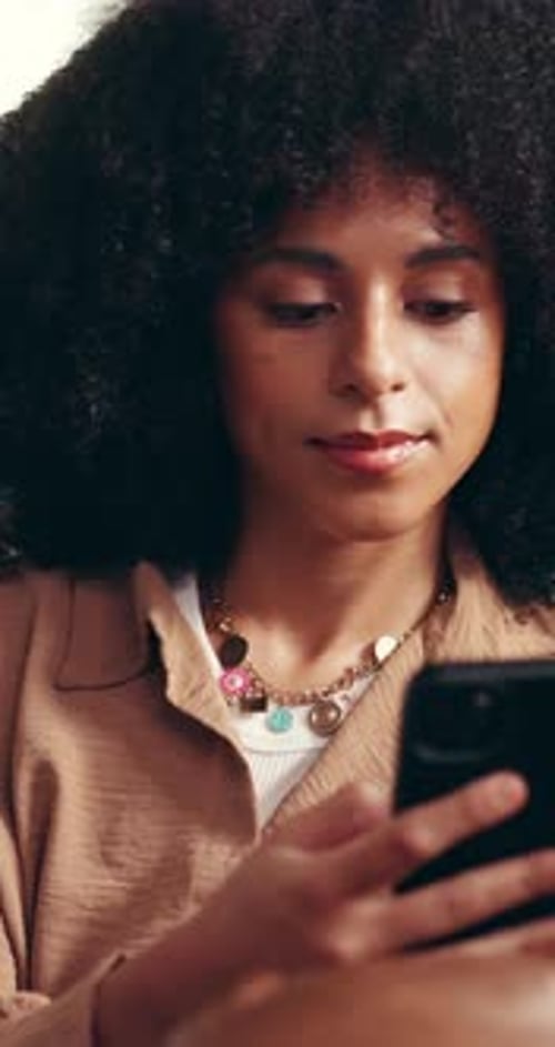 Relax, woman and typing with phone in home for text message, social media post or status update