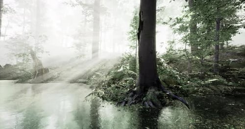 Morning Light Filters Through Misty Forest By Tranquil Pond
