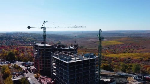 Construction Site With Cranes Aerial Shot