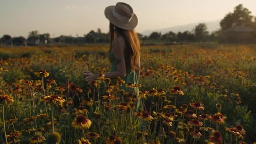 Young Woman Walks Through the Flower Meadow in Thick High Grass