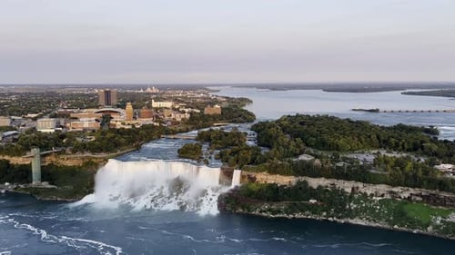 Aerial panning view of Niagara Falls showcasing Horseshoe Falls and surrounding landscape, Canada