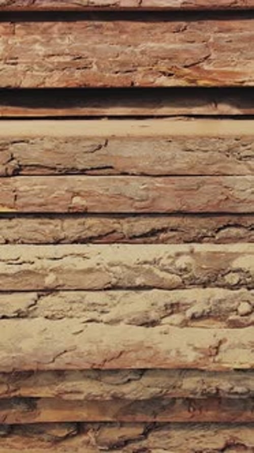 Vertical Video Closeup of Lumber Wooden Factory Stock and Lumber with Natural Export Business Wood