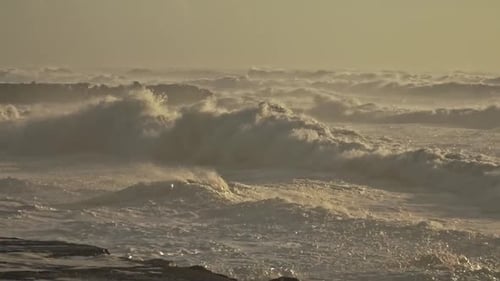 Stürmische Meereswellen krachen bei Sonnenuntergang: Starke Brandung an einem bewölkten Strand