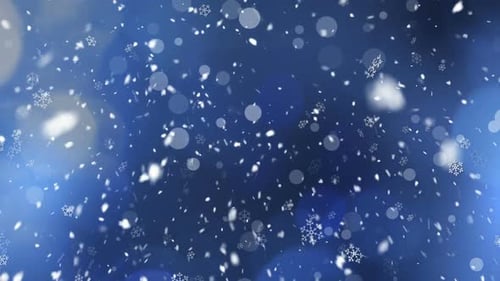 Falling Snowflakes and Bokeh Lights on Blue Background