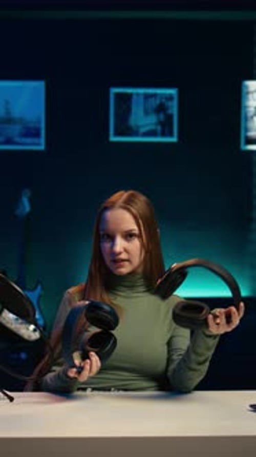 Vertical Video Gen Z Influencer in Home Studio Films Headphones Comparison Video