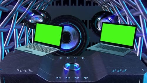 3D Laptop mockup with green screen in the background of future technology
