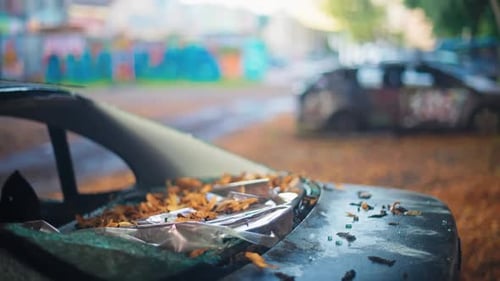 Ein verlassenes Fahrzeug, das komplett mit Blättern und Regentropfen bedeckt ist, in einer düsteren städtischen Umgebung