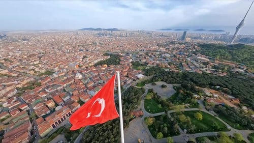 Aerial View of City with Flag Waving