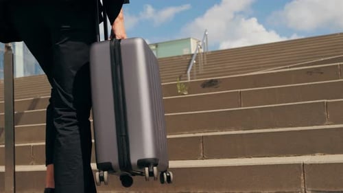 Tourist Man with Suitcase Baggage in Spain A Traveler with Luggage Suit Jacket on Business Street Go