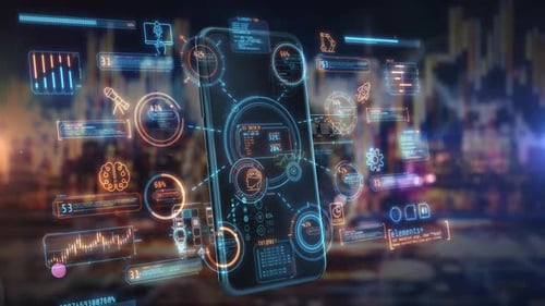 Smartphone Displaying Data Interfaces Connecting Smart City Network