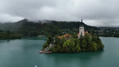 Lake Bled Slovenia panning drone aerial view