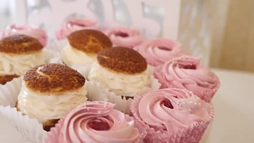 F70ю Sweet, buffet table with cakes, pies, cookies with glaze.