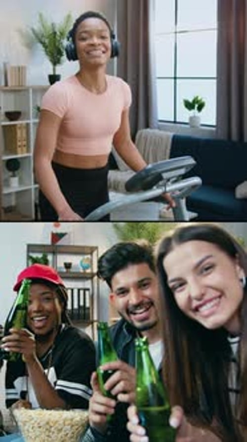Multi Screen of Satisfied Smiling Carefree Young Diverse People of Different Activities Which Posing