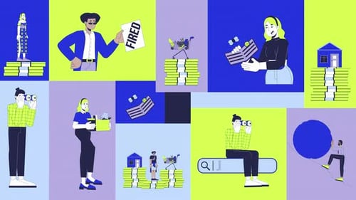 Unemployment, financial instability and job search animated bento grid layout