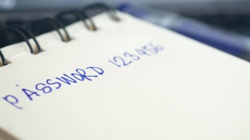 Close-Up of Password Written in Notebook on Desk