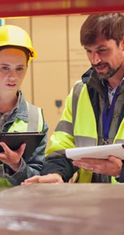 Logistics, team or clipboard with inspection in warehouse for quality control