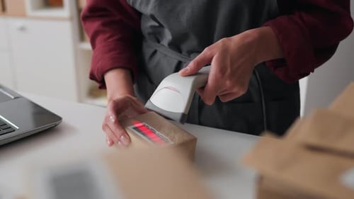 Box With A Barcode, Packing Shop Worker In Progress Holding An Electronic Scanner In A Logistics