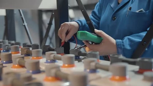 Person Testing a Battery Bank with Voltmeter