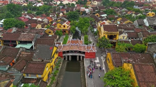Timelapse or time-lapse of aerial view of Chua Cau in Hoi An