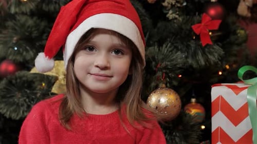 Happy Child Smiles in Front of Christmas Tree