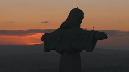 Aerial View of Sanctuary of Christ the King or Santuario De Cristo Rei on Sunny Summer Day at Sunset