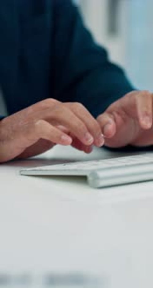 Technology, keyboard and hands of businessman with documents in office for research on finance