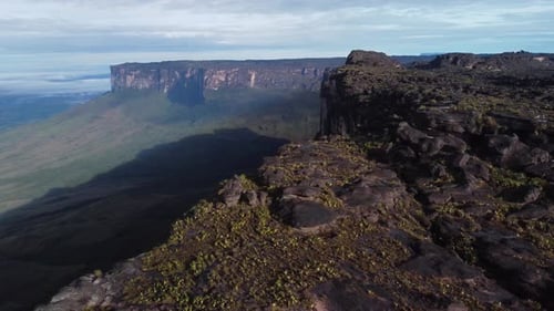 Aerial top down view of Roraima and Kukenan Tepui summit under sunlight