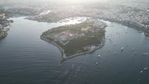 Bird's eye view of the Maltese coastline at Manoel Island in Gzira