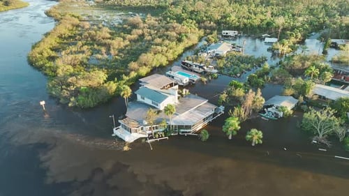 Flooded Houses By Hurricane Ian Rainfall in Florida Residential Area