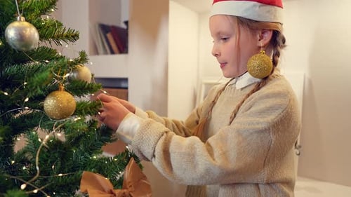 Closeup Slow Motion of Caucasian Teenager is Hanging Bright Ball on Christmas Tree Branch