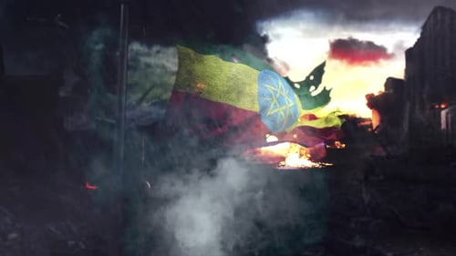 Grunge Ethiopian Flag Waving in War-Torn City