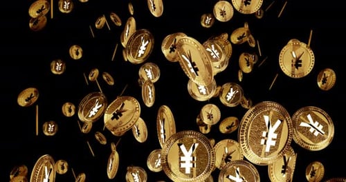 Yen Yuan Kryptowährung Goldmünze Regen isolierte Schleife