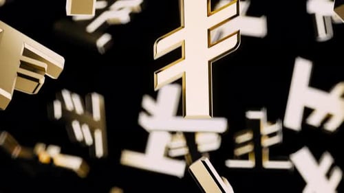 Símbolo Tugrik dourado caindo infinitamente em um fundo preto