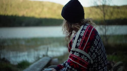 Side View Of Caucasian Man Drinking Coffee In The Early Morning. - medium shot
