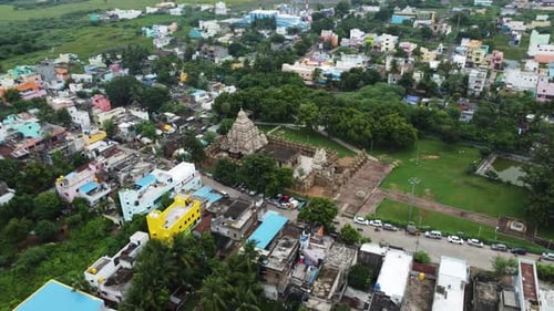Aerial arc shot of Kailasanathar Temple, Kanchipuram, Tamil Nadu. Bird's-eye view of Kailasanathar T