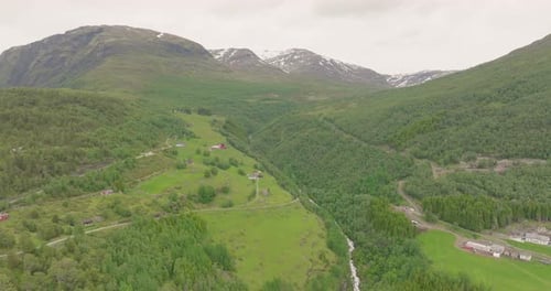 Lush Green Forest And Valley In Aurlandsvangen, Norway. - aerial