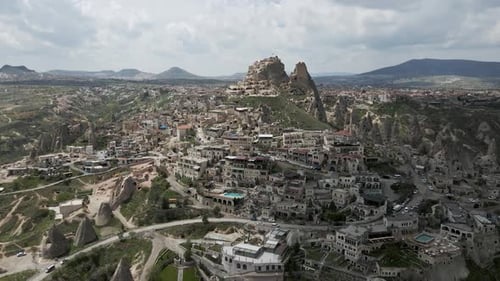 Aerial view of Uchisar Castle in Uchisar old town, Cappadocia, Turkey.