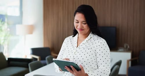 Woman, tablet and smile at office for review, insight or project proposal at insurance company