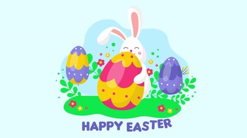 Flat Design Easter Celebration with Rabbit and Eggs Animation