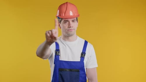 Worker Builder Man in Helmet Showing Rejecting Gesture Stop Finger Sign Enough