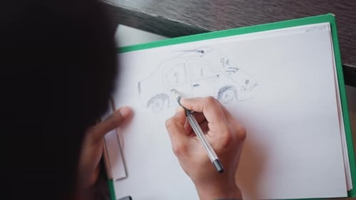 Einwanderer Sketch mit schwarzem Stift ein Auto auf weißem Papier, das von einer grünen Zwischenablage gehalten wird