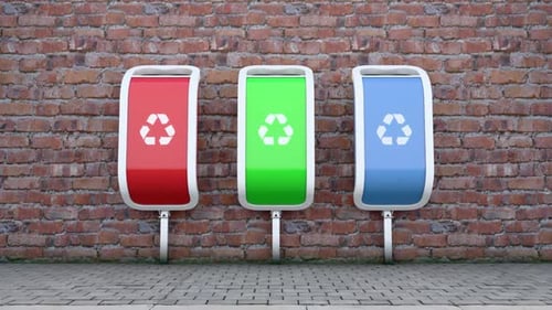 Animated Recycling Bins with Rotating Symbols for Environment