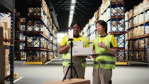 Warehouse Team Recording Video for Logistics Business