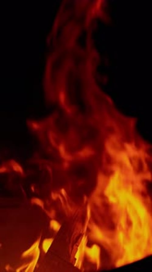 Cinematic Medium Shot of Bonfire with Glowing Embers and Flames at Night