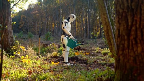 Robot Humanoid Watering Planted Seedling of Tree in Foret on Sunny Autumn Day Outdoor Android