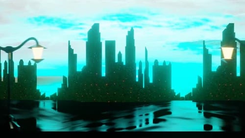 Modern Stylized Cityscape Loop with Reflective Water