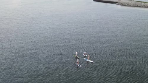 Friends During Stand Up Paddle Boarding On Serene Seascape. Aerial Drone