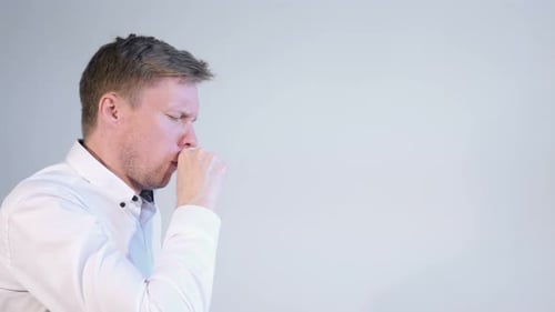 Side View of Coughing Man White Background