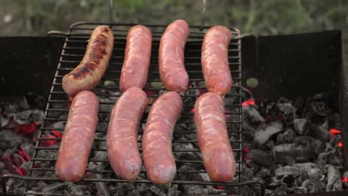 Grilled Sausages Cook Man Preparing Grilling Food Bbq Barbecue with Smoke Flame Outdoors Tasty Juicy